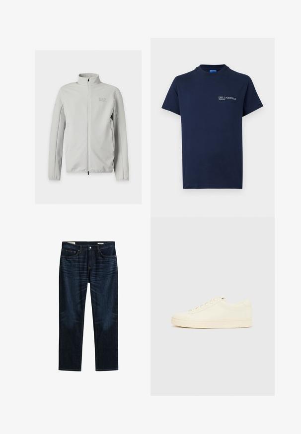Veste zippée gris clair avec col montant, tissu texturé, manches longues et logo EA7 discret sur le côté gauche de la poitrine.; T-shirt bleu marine à manches courtes avec le logo "KARL LAGERFELD JEANS" imprimé sur la poitrine gauche.; Jean bleu foncé à jambes droites avec poches avant et arrière, fermeture par boutons et détails de whiskering subtils sur les cuisses.; Baskets couleur crème avec une tige en cuir lisse, bout arrondi, laçage à l'avant et semelle en caoutchouc texturée. Design minimaliste, sans logo.