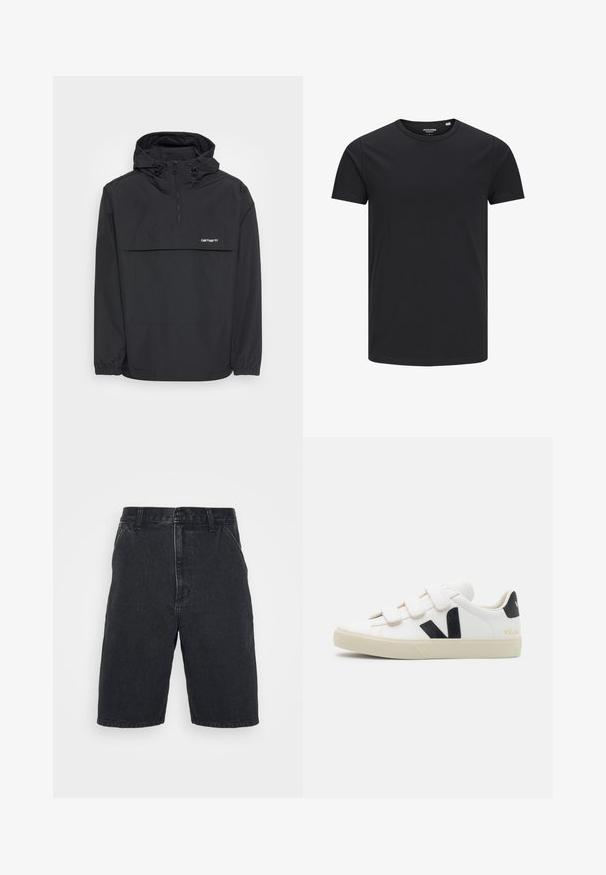 Schwarze Pulloverjacke mit halbem Reißverschluss, elastischen Bündchen und großer Fronttasche; ausgestattet mit einer Kapuze und einem Markenlogo auf der Brust.; Schwarzes Baumwoll-T-Shirt mit Rundhalsausschnitt, kurzen Ärmeln und schlichtem Design. Glatte Textur, keine Muster oder sichtbare Beschläge.; Schwarze Jeansshorts mit geradem Schnitt, mittelhohem Bund, vorderer Knopfleiste und sichtbaren Nähten.; Weißer Sneaker mit schwarzen Akzenten und Klettverschluss. Verfügt über ein strukturiertes Lederobermaterial, eine cremefarbene Gummisohle und ein Logo an der Ferse.