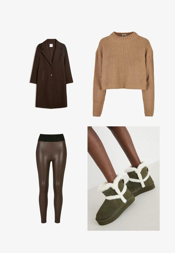 Brun uldblandingsfrakke med showsnedet revers, to frontlommer og en enkelt knaplukning. Ret snit med lange ærmer.; Beige strikket sweater med høj hals, cropped design, lange ærmer og et tekstureret mønster. Har ribbede manchetter og kant.; Brune faux læder leggings med en høj sort talje, der har en glat, blank finish og en tætsiddende design til anklerne.; Grønne ruskinds ankelstøvler med hvid imitation pelskant, med et krydsdesign, flad gummisål og en lomme bagpå for nem påsætning.