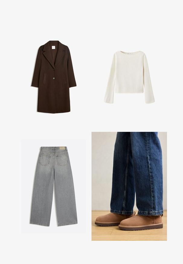 Brun uldblandingsfrakke med showsnedet revers, to frontlommer og en enkelt knaplukning. Ret snit med lange ærmer.; Off-white langærmet sweater med bred rund halsudskæring og let udvidede ærmer, lavet af blødt strikket stof.; Grå vidbenede denimjeans der viser bagsiden med to lommer og bæltestropper lagt fladt på hvid baggrund.; Brune ruskinds ankelstøvler med flad sål, rund tå og en lille træktab, parret med blå denimjeans med lige skæring.