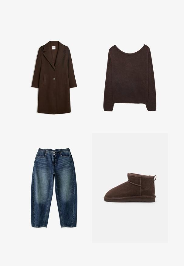 Long manteau en laine marron foncé avec de larges revers, deux poches avant et deux boutons au centre devant.; Pull en tricot marron avec un col dénudé, des manches longues et des poignets à côtes. Texture douce avec une finition de surface lisse.; Jean denim bleu foncé avec une coupe décontractée, poches avant, fermeture par bouton et détails subtils délavés aux cuisses et aux genoux.; Bianco BIASNOW - Boots à talons - dark brown