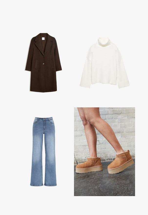 Brauner Wollmischungs-Mantel mit Schalkragen, zwei vorderen Taschen und einer einzelnen Knopfschließe. Gerader Schnitt mit langen Ärmeln.; Weißer Rollkragenpullover aus weichem Stoff mit lockerem Schnitt, überschnittenen Schultern und breiten, gerippten Bündchen und Saum.; Hellblaue weit geschnittene Jeans aus Denim. Verfügt über einen Knopfverschluss, fünf Taschen und Akzente durch Sticherei. Glatte Textur mit leichter Ausbleichung.; Braune Wildleder-Stiefeletten mit einem weichen Futter, dicker beige Plateau-Sohle und einer Zuglasche auf der Rückseite. Strukturiert Oberfläche mit sichtbaren Nähdetails.