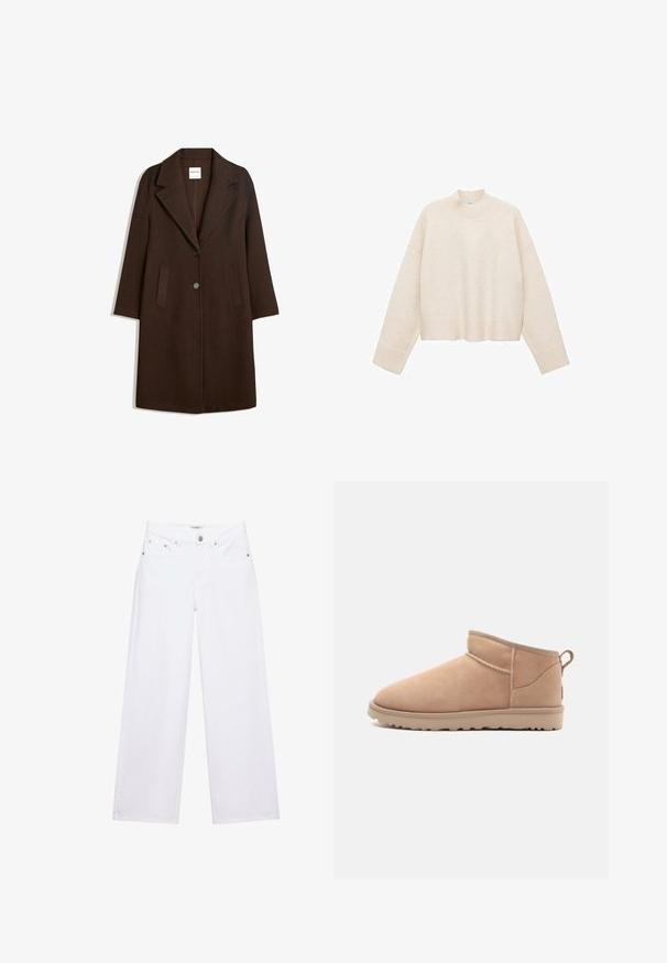 Brun uldblandingsfrakke med showsnedet revers, to frontlommer og en enkelt knaplukning. Ret snit med lange ærmer.; Cremefarvet pullover trøje lavet af blødt stof, med høj hals, sænket skuldre og en cropped design med ribbede kanter.; Hvide jeans med høj talje og vide ben med knap- og lynlåslukning, for- og baglommer samt sølvfarvede nitter som detaljer.; Brune ruskindsankelstøvle med en rund tå, blød tekstur, enkelt design og en lavprofil gummisål. Har en trækrem bagpå.