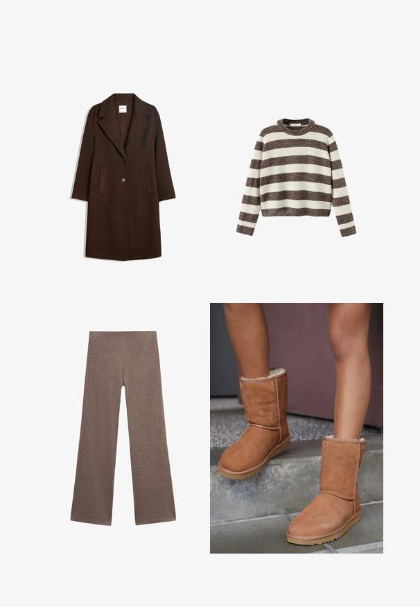 Brun uldblandingsfrakke med showsnedet revers, to frontlommer og en enkelt knaplukning. Ret snit med lange ærmer.; Stripet pullover sweater i creme og mørkebrun. Ribstrikket rund hals, lange ærmer og en kortet kant. Blød tekstur med en afslappet pasform.; Brune brede bukser lavet af blødt, tekstureret stof. Designet har en høj talje og en løs pasform, perfekt til afslappet brug.; Brune ruskind ankelstøvler med rund tå, blødt foer og gummisål, der har synlige stikninger langs sømmene.