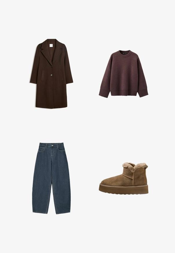 Manteau en mélange de laine marron avec un col cranté, deux poches avant et une fermeture à un bouton. Coupe droite avec manches longues.; Pull ample de couleur bordeaux foncé, en tissu tricoté doux. Il présente un col rond côtelé, de larges manches et un ourlet côtelé.; Jeans en denim bleu foncé à jambes larges avec une taille haute, dotés de cinq poches et de détails de couture visibles. Design épuré et minimal.; Bottines en daim marron avec doublure en fausse fourrure, bout rond et semelle épaisse; elles présentent une couture et une lanière à l'arrière.