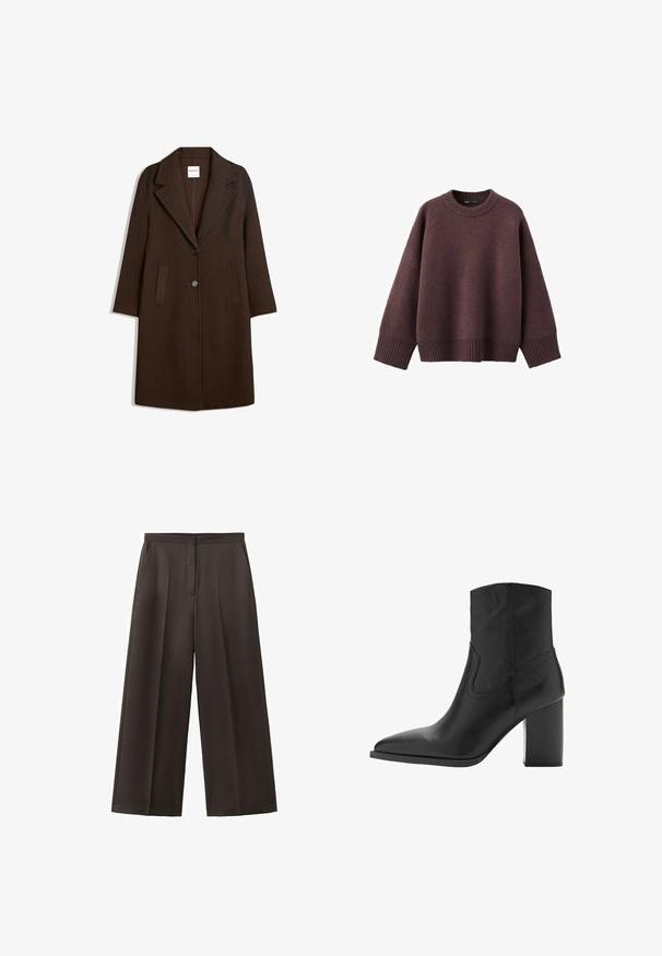 Manteau en mélange de laine marron avec un col cranté, deux poches avant et une fermeture à un bouton. Coupe droite avec manches longues.; Pull ample de couleur bordeaux foncé, en tissu tricoté doux. Il présente un col rond côtelé, de larges manches et un ourlet côtelé.; Pantalon noir à jambes larges avec taille haute, plis avant et poches latérales, conçu pour une tenue formelle ou professionnelle.; Bottines en cuir noir avec un bout pointu et un talon bloc structuré, présentant une texture lisse et des détails de couture minimalistes.