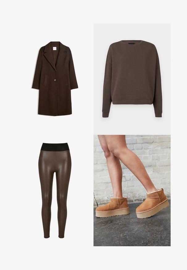 Brun uldblandingsfrakke med showsnedet revers, to frontlommer og en enkelt knaplukning. Ret snit med lange ærmer.; Brun sweatshirt med rund halsudskæring, lange ærmer og ribbede manchetter. Fremstillet af blødt stof med en glat tekstur og en afslappet pasform.; Brune faux læder leggings med en høj sort talje, der har en glat, blank finish og en tætsiddende design til anklerne.; Brune ruskinds ankelsko med en blød foring, tyk beige plattformsål og en bageste løkke. Tekstureret overflade med synlige sømdetaljer.