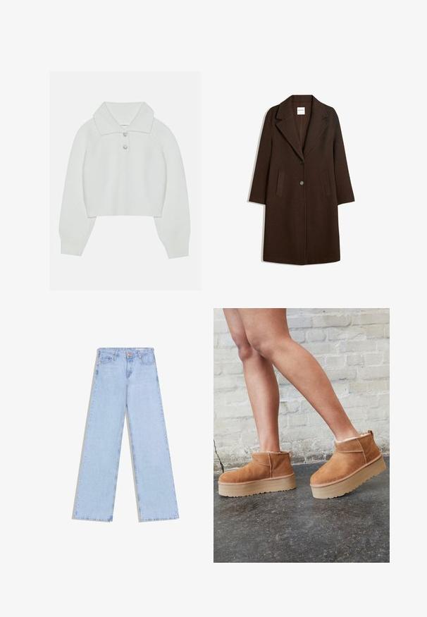 Brun uldblandingsfrakke med showsnedet revers, to frontlommer og en enkelt knaplukning. Ret snit med lange ærmer.; Hvid cropped sweater med ribbet tekstur, stor krave og tre dekorative knapper ved halsudskæringen. Lange ærmer med ribbede manchetter.; Lyseblå højtaljede vidde-benet cowboybukser i denim med forreste knapper og lommer, lagt fladt på en hvid baggrund.; Brune ruskinds ankelsko med en blød foring, tyk beige plattformsål og en bageste løkke. Tekstureret overflade med synlige sømdetaljer.