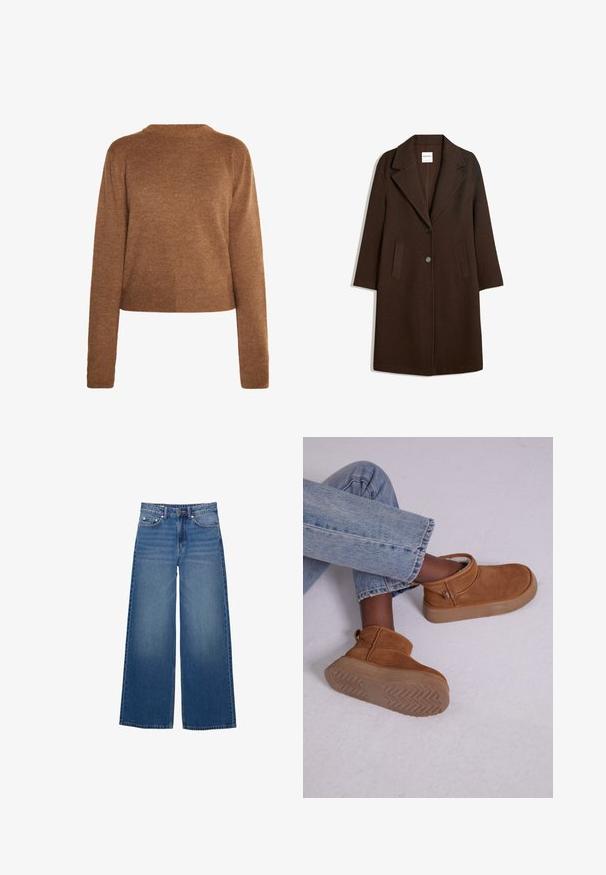 Brun uldblandingsfrakke med showsnedet revers, to frontlommer og en enkelt knaplukning. Ret snit med lange ærmer.; Brun strikket sweater med lange ærmer, en rund halsudskæring og en kortet kant. Blød tekstur, minimalistisk design og ingen synlige mønstre.; Vidde-ben denimjeans i en mellemblå vask, med høj talje, fem-lomme design og syningsdetaljer langs sømmene.; Brune ruskinds ankelstøvler med en blød foring, rund tå og en let chunky gummisål med et fiskebensmønster.