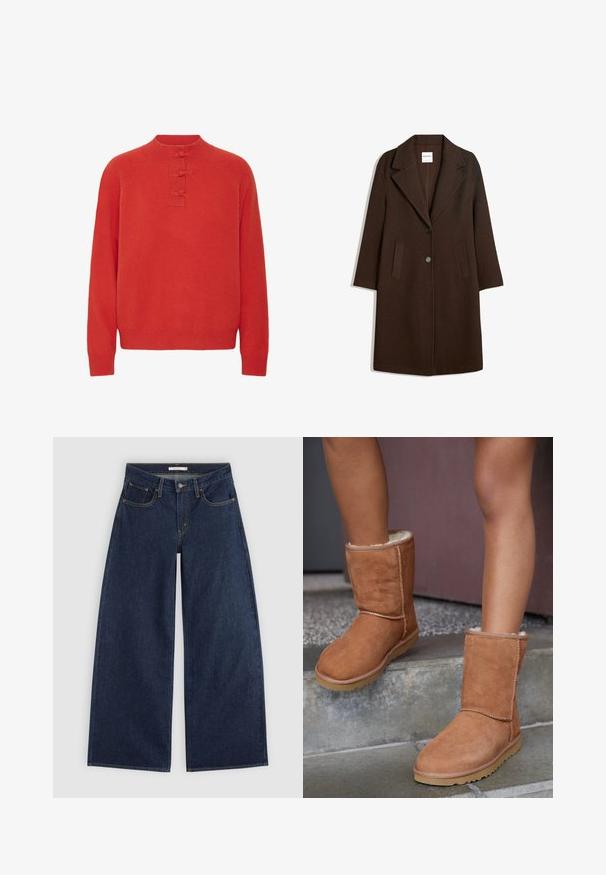 Brun uldblandingsfrakke med showsnedet revers, to frontlommer og en enkelt knaplukning. Ret snit med lange ærmer.; ICHI IHDASILA LONG SLEEVE - Striktrøje - fiery red; Mørkeblå vidde cowboybukser med forlommer, bæltestropper og knaplukning, vist fladt på en lys baggrund.; Brune ruskind ankelstøvler med rund tå, blødt foer og gummisål, der har synlige stikninger langs sømmene.