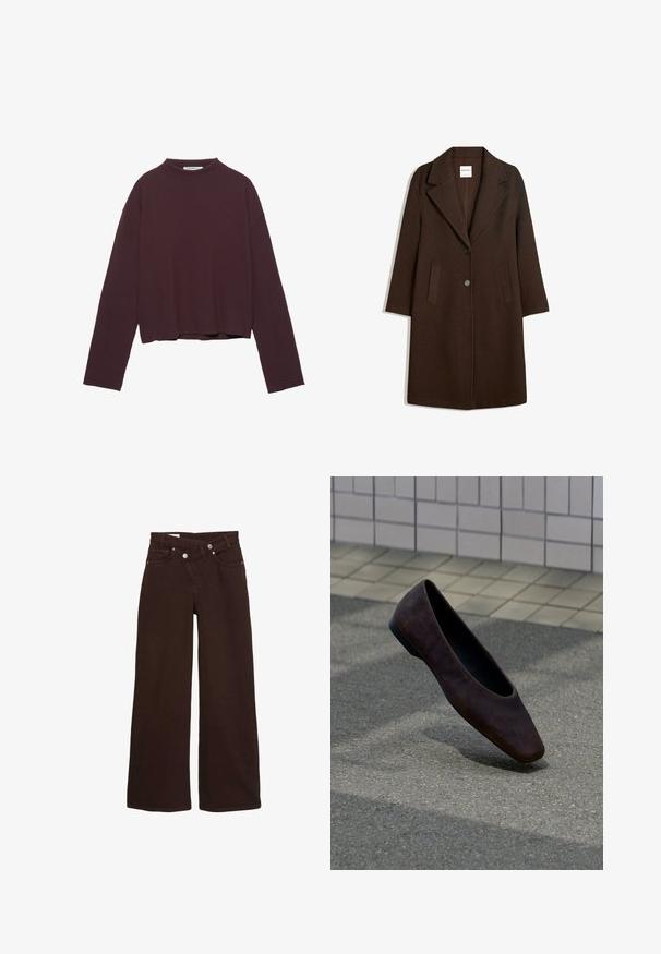 Manteau en mélange de laine marron avec un col cranté, deux poches avant et une fermeture à un bouton. Coupe droite avec manches longues.; Haut manches longues côtelé couleur bordeaux foncé avec un col montant et un ourlet court. Présente des épaules décontractées et un tissu texturé.; Jean taille haute, coupe large, couleur marron, avec fermeture éclair et bouton à l'avant, comprenant des poches avant et arrière.; Chaussure plate marron foncé unique flottant au-dessus d'un sol texturé avec un mur carrelé en arrière-plan.