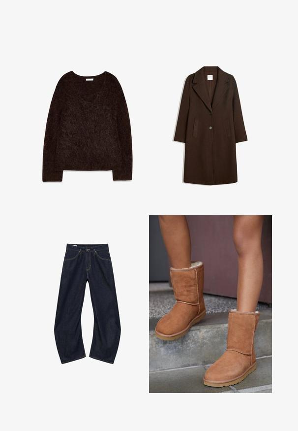 Manteau en mélange de laine marron avec un col cranté, deux poches avant et une fermeture à un bouton. Coupe droite avec manches longues.; Pull en maille brun avec un décolleté en V, des manches longues et une texture douce et pelucheuse. Le design est surdimensionné avec une coupe décontractée et un minimalisme dans les détails.; Jeans en denim bleu foncé à jambes larges avec poches avant, passants pour ceinture et fermeture par bouton, présenté à plat sur fond blanc.; Bottines en suede marron, à bout rond, avec une doublure douce et une semelle en caoutchouc, présentant des détails de couture visibles le long des coutures.