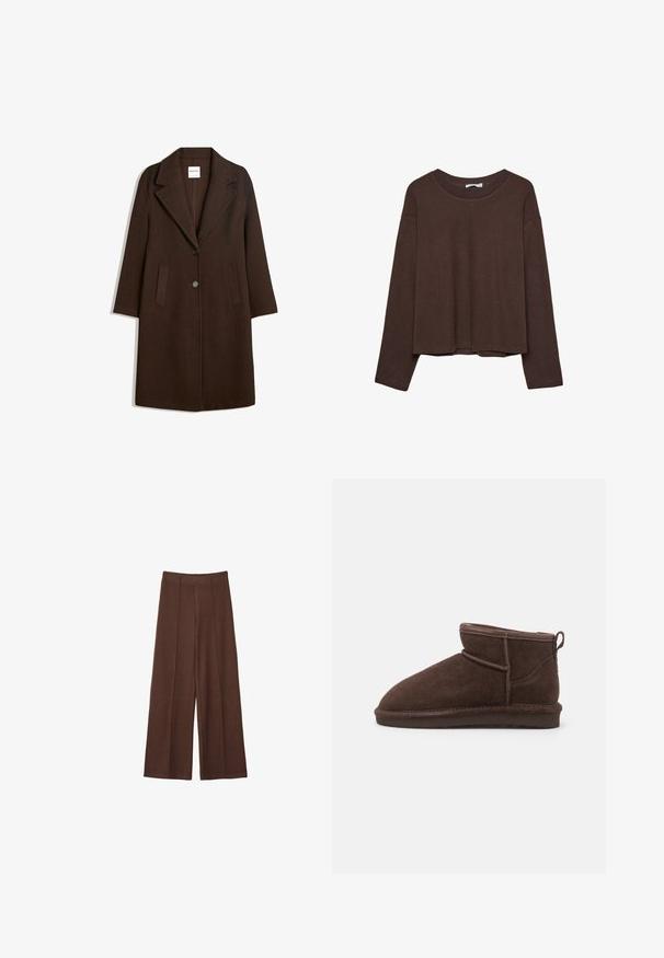 Long manteau en laine marron foncé avec de larges revers, deux poches avant et deux boutons au centre devant.; Pull marron à coupe décontractée, col côtelé et manches longues. Texture lisse avec un ourlet arrondi et sans motifs ni accents visibles.; Pantalons larges marron en tissu doux, avec une taille haute, des détails de couture verticaux et une texture lisse.; Bianco BIASNOW - Boots à talons - dark brown