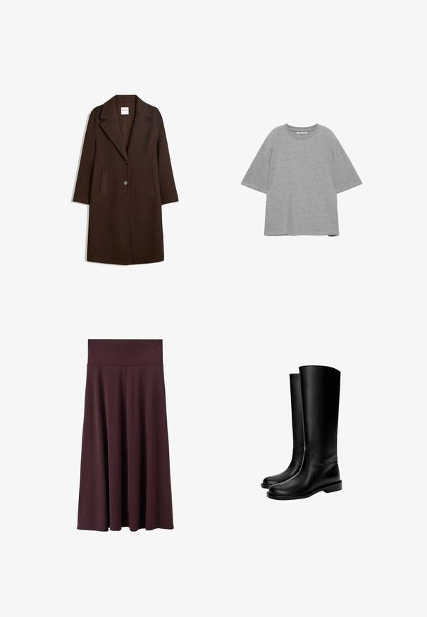 Bruine wolblendjas met een opstaande kraag, twee frontzakken en een enkele knoopsluiting. Rechte snit met lange mouwen.; Effen grijs, oversized T-shirt met korte mouwen en een ronde hals, plat gelegd tegen een witte achtergrond.; Marsala midi-rok gemaakt van zachte stof met een brede, elastische tailleband. Heeft een vloeiend ontwerp dat licht taps toeloopt naar de zoom.; Zwarte leren kniehoge laarzen met een gladde textuur, ronde neus, platte zool en minimalistisch ontwerp, met gestikte naden en zonder zichtbare hardware.