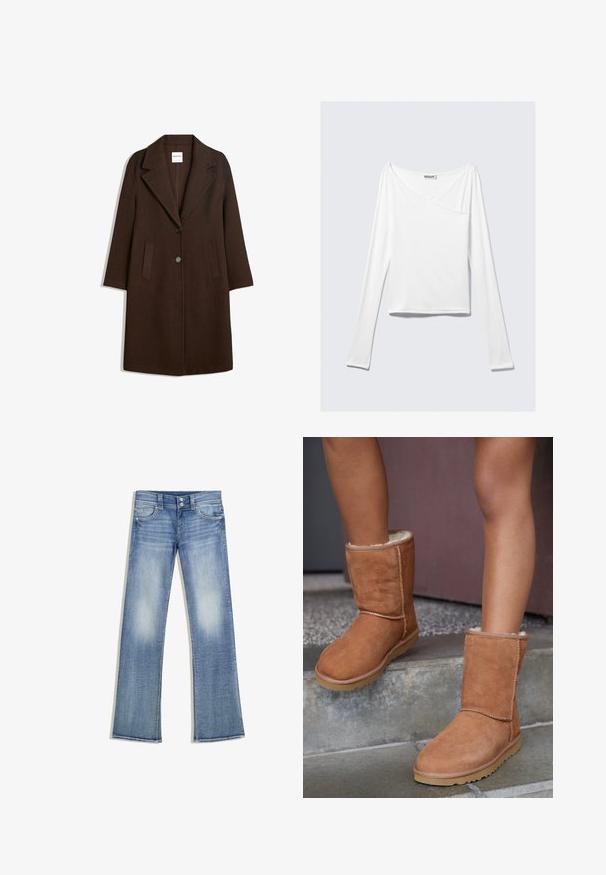 Manteau en mélange de laine marron avec un col cranté, deux poches avant et une fermeture à un bouton. Coupe droite avec manches longues.; Haut blanc à manches longues avec un design croisé et une poche. Fabriqué dans un tissu lisse et extensible. Coupé dans une coupe décontractée et ample.; Jean bootcut bleu clair à effet délavé, cinq poches, passants pour ceinture et fermeture à double bouton, posé à plat sur un fond blanc.; Bottines en suede marron, à bout rond, avec une doublure douce et une semelle en caoutchouc, présentant des détails de couture visibles le long des coutures.