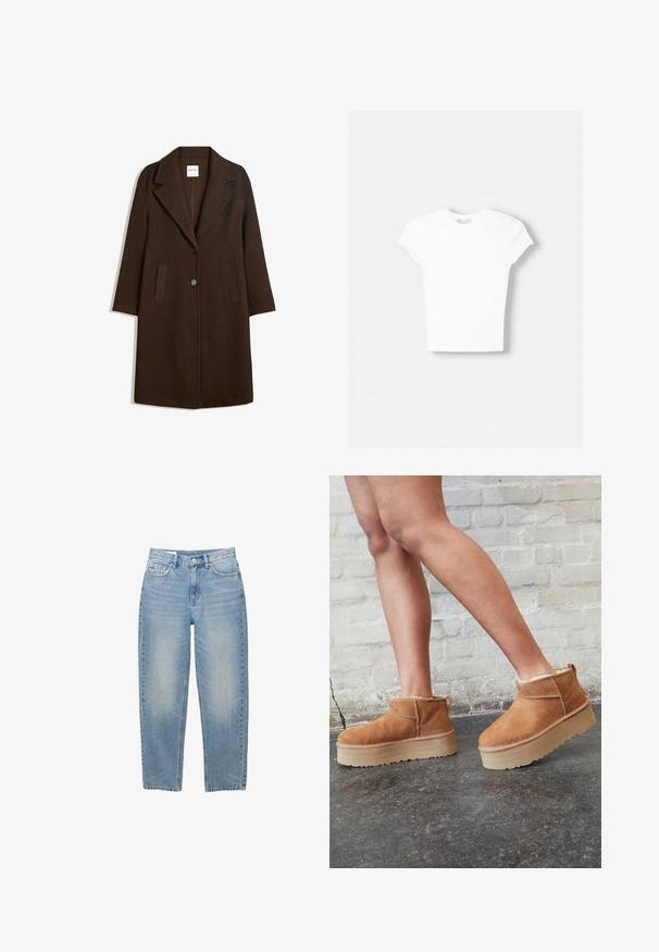 Bruine wolblendjas met een opstaande kraag, twee frontzakken en een enkele knoopsluiting. Rechte snit met lange mouwen.; Witte t-shirt met korte mouwen van zachte katoen, met een ronde halslijn en een getailleerde vorm. Geen zichtbare patronen of versieringen.; Lichtblauwe denim jeans met rechte pijpen, voorzien van een knoopsluiting aan de voorkant, rits en vijf zakken, afgebeeld tegen een witte achtergrond.; Bruine suède enkelboots met een zachte voering, dikke beige plateauzool en een achterste lus. Getextureerde oppervlakte met zichtbare stiksels.
