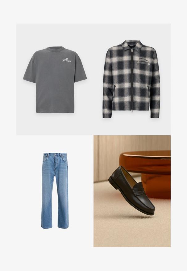 Rutet zip-jakke i marineblå og cream, med krave, sidelommer og en brystlomme med broderet detalje. Struktureret uldblanding.; Mørkegrå T-shirt med korte ærmer og rund hals med lille hvid "ALLSAINTS"-logo på øverste venstre bryst.; Lyseblå denim jeans med lige ben-design, fem lommer, knaplukning, minimal falming og kontraststingdetaljer.; Sort læder loafer-sko hængende over beige tæppe med ravfarvet moderne møblement i baggrunden.