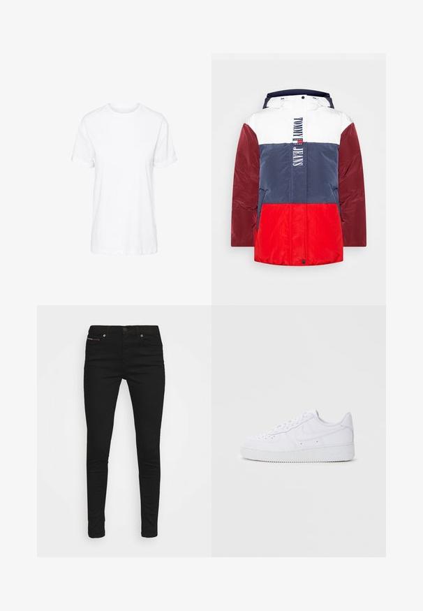 Polstret jakke med farvebloksdesign i hvid, marineblå, rød og burgunder. Inkluderer en frontlynlås, justerbar hætte og logo detalje.; Hvid bomulds t-shirt med korte ærmer, rund hals og en afslappet pasform, med en glat tekstur og uden synlige mønstre.; Sorte slim-fit jeans med fem lommer og knaplukning, vist mod en hvid baggrund.; Hvide Nike Air Force 1 sneakers med læderoverdel, rund tå, snørelukning, polstret krave og struktureret gummisål.