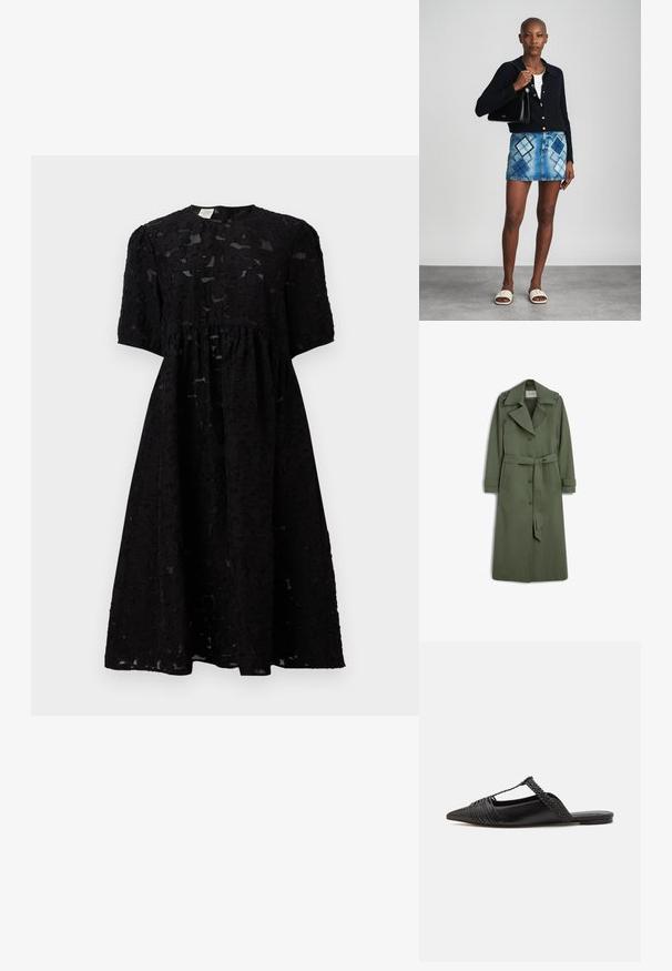 Lang olivengrøn trenchcoat med brede revers, knaplukning foran, bælte i taljen, skulderstropper og to forlommer.; Sorte kjole lavet af textured stof med korte ærmer, rund halsudskæring og en samlet talje, der falder lige under knæet.; Sort læderslyngeback sko med spids tå, der har en vævet detalje og en plisseret overdel. Flad sål med minimal hardware.; Sort striktrøje, hvid top, denimnederdel med blå og sort diamantmønster, sort håndtaske og beige slidesandaler.
