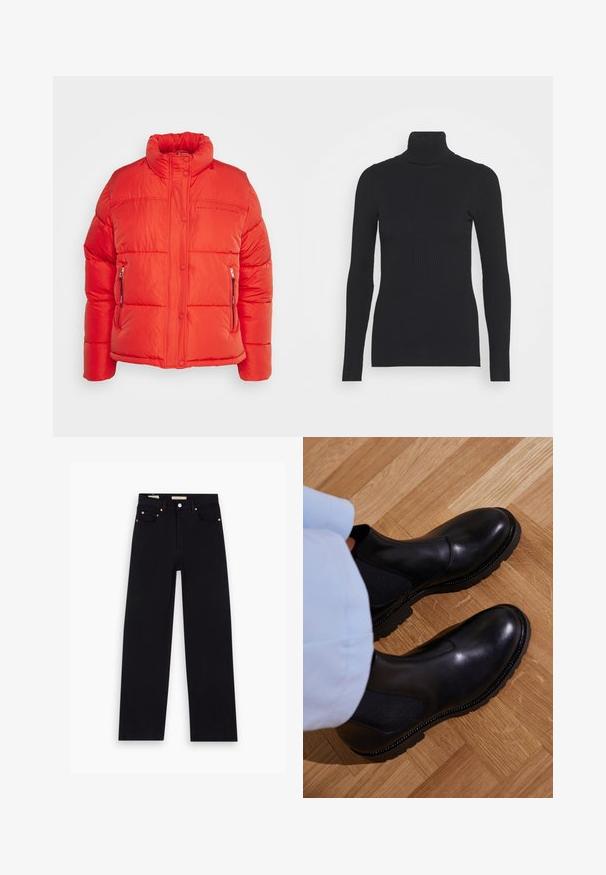 Replay Vinterjakker - red fire; Sort ribbet rullekravesweater med lange ærmer og en tætsiddende silhuet. Teksturen er glat med et vandret ribmønster.; Sorte denim jeans med lige pasform, fem lommer, kobberdetaljer og en glat tekstur. To mærker synlige på taljebåndet.; Sorte ankelstøvler lavet af glat læder med elastiske sidepaneler, en tekstureret gummisål og kontraststing langs kanten.