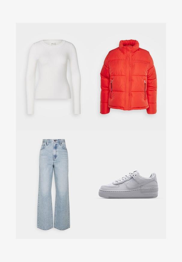 Replay Zimná bunda - red fire; Biely dlhý rukáv ribbed top s okrúhlym výstrihom. Tkanina je hladká, s jemnou textúrou a priliehavým strihom. Žiadne viditeľné kovanie ani vzory.; Svetlo modré dámske džínsy s širokými nohavicami, vysokým pásom, klasickým dizajnom piatich vreciek a kontrastným šitím. Detail surového lemu na spodnej časti.; Šedé tenisky Nike Air Force 1 s perforovanou špičkou, hladkým koženým zvrškom, hrubou podrážkou a embosovaným detailom 'AIR' na päte.