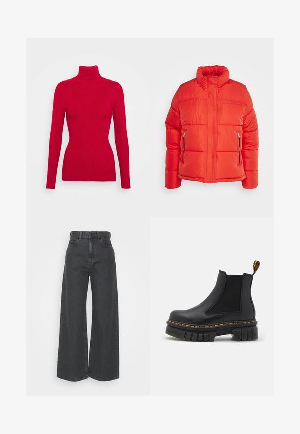 Replay Chaqueta de invierno - red fire; Suéter rojo de cuello alto con acanalado, mangas largas, tejido texturizado, silueta ajustada y cuello alto. Sin adornos visibles.; Jeans de tiro alto y pierna ancha en denim gris oscuro. Diseño clásico con un corte recto, que incluye trabillas para cinturón y bolsillos frontales.; Botín chelsea negro hecho de cuero y elástico. Cuenta con una suela de goma gruesa, costuras amarillas y una lengüeta en la parte posterior.