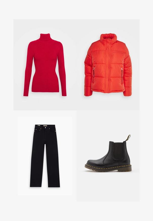 Replay Chaqueta de invierno - red fire; Suéter rojo de cuello alto con acanalado, mangas largas, tejido texturizado, silueta ajustada y cuello alto. Sin adornos visibles.; Jeans de mezclilla negros con corte recto, cinco bolsillos, herrajes de cobre y una textura suave. Dos etiquetas visibles en la cinturilla.; Botín Chelsea de cuero negro con paneles laterales elásticos, punta redonda, costuras amarillas, suela de goma y una lengüeta en la parte trasera para facilitar el calzado.
