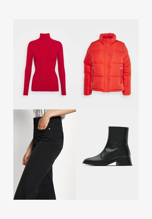 Replay Veste d'hiver - red fire; Pull en maille côtelée rouge avec un col roulé, des manches longues, un tissu texturé, une coupe ajustée et un col montant. Pas d'embellissements visibles.; Jean large en denim noir avec une taille haute, une poche avant et une poche arrière appliquée. Texture lisse avec des détails de coutures minimales.; Bottine noire en cuir brillant, au design épuré, avec un bout pointu et un petit talon bloc pour plus de stabilité.