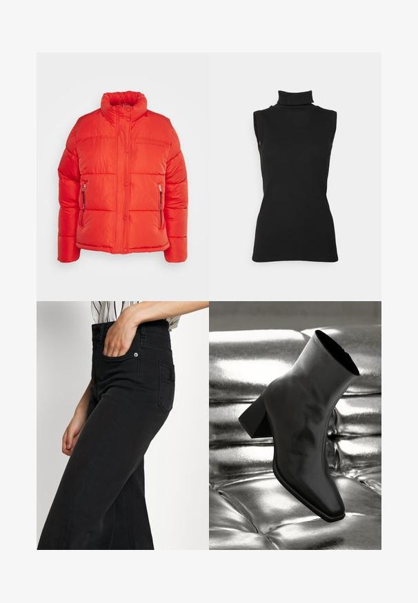 Replay Veste d'hiver - red fire; Top noir sans manches en maille côtelée, avec un col haut et une silhouette ajustée. Texture lisse avec un minimum de détails.; Jean large en denim noir avec une taille haute, une poche avant et une poche arrière appliquée. Texture lisse avec des détails de coutures minimales.; Botte noire à la cheville en matériau brillant avec un bout carré et un talon effilé, sur un fond argenté brillant et capitonné.