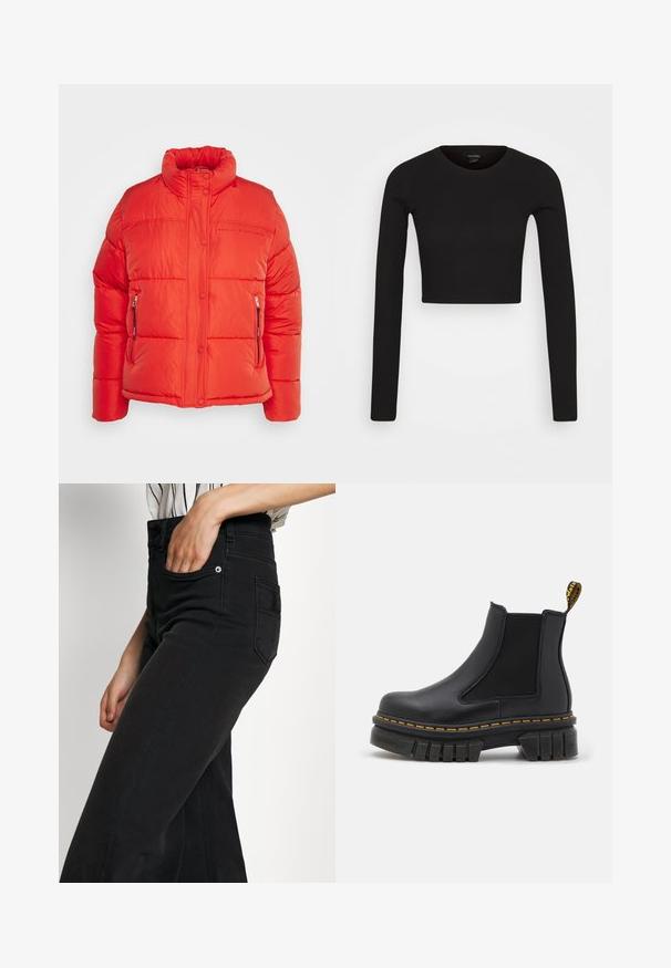 Replay Zimná bunda - red fire; Monki Top s dlhým rukávom - black dark; Čierne široké rifle z denimu s vysokým pásom, prednými vreckami a zadným nášivkovým vreckom. Hladká textúra s minimálnymi švovými detailmi.; Čierna chelsea ankel obuv vyrobená z kože a elastického materiálu. Má robustnú gumovú podrážku, žlté švy a pútko na zadnej strane.