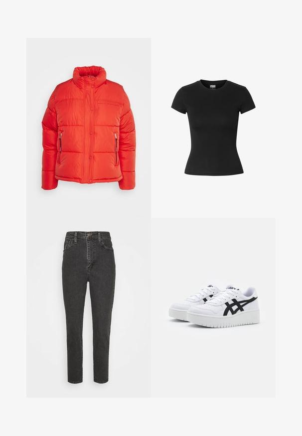 Replay Veste d'hiver - red fire; T-shirt noir cintré pour femme à manches courtes, col rond, avec étiquette Urban Classics à l'intérieur du col.; Jeans en denim noir taille haute avec une coupe slim, dotés d'une fermeture à bouton, de passants de ceinture et d'un design classique à cinq poches.; Baskets blanches avec une surface texturée, des rayures latérales noires et une semelle blanche épaisse. Présente un design à lacets et un logo sur la languette.