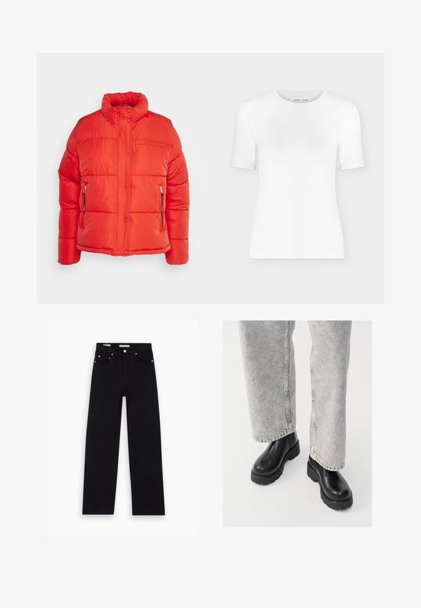 Replay Winterjacke - red fire; Weißes T-Shirt mit kurzen Ärmeln und Rundhalsausschnitt, schlanker Passform und gerippter Stoffstruktur, dargestellt vor einem schlichten hellgrauen Hintergrund.; Schwarze Denim-Jeans mit geradem Schnitt, fünf Taschen, Kupferbeschlägen und einer glatten Textur. Zwei Etiketten sind am Bund sichtbar.; Vagabond COSMO - Plateaustiefelette - black