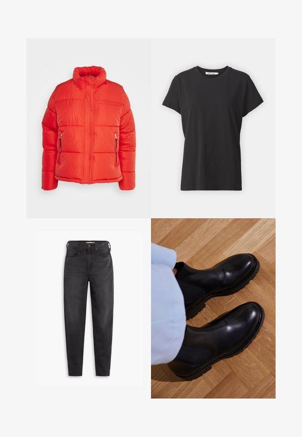 Replay Chaqueta de invierno - red fire; Camiseta de algodón negra con cuello redondo clásico, mangas cortas y un ajuste relajado. Textura suave, sin patrones ni acentos visibles.; Jeans ajustados de talle alto y color negro, con bolsillos delanteros y traseros, cierre de botón y pasadores para cinturón, exhibidos sobre un fondo blanco.; Botas negras de tobillo hechas de cuero suave con paneles laterales elásticos, una suela de goma texturizada y costuras en contraste a lo largo del borde.