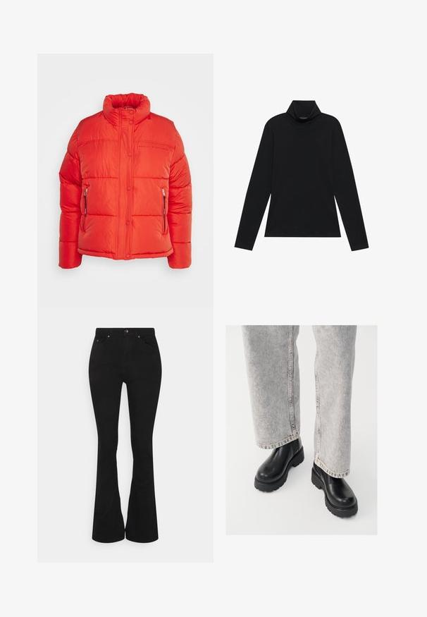 Replay Winterjas - red fire; Zwarte langetermijn turtleneck. Zachte stof, getailleerd design, hoge kraag en zijnaad. Eenvoudige en veelzijdige stijl die geschikt is voor het laagjes dragen.; Zwarte flared jeans met een hoge taille, gemaakt van een zachte katoenmix. Voorzien van voorzakken, een metalen knoopsluiting en subtiele stikseldetails.; Vagabond COSMO - Enkellaarsjes met plateauzool - black