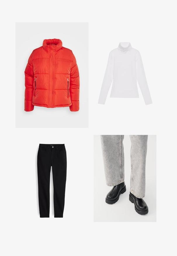 Replay Winterjas - red fire; Witte lange mouw turtleneck top gemaakt van glad, elastisch materiaal. Voorzien van een hoge kraag en een getailleerd ontwerp, zonder zichtbare patronen of versieringen.; Zwarte slim-fit spijkerbroek met knopen en rits aan de voorkant, vijf zakken en ceintuurlussen, plat gelegd op een witte achtergrond.; Vagabond COSMO - Enkellaarsjes met plateauzool - black