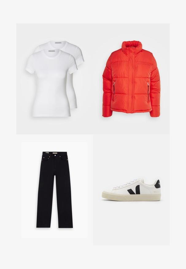 Replay Veste d'hiver - red fire; Deux t-shirts en coton blanc à manches courtes, à encolure ronde et à coupe ajustée, présentant une texture lisse et un design minimaliste.; Jean en denim noir avec une coupe droite, cinq poches, matériel en cuivre et texture lisse. Deux étiquettes visibles sur la taille.; Baskets en cuir blanc avec un logo V en caoutchouc noir. Semelle texturée blanc cassé, lacets blancs et détail sur le talon arrière portant le nom de la marque en noir.
