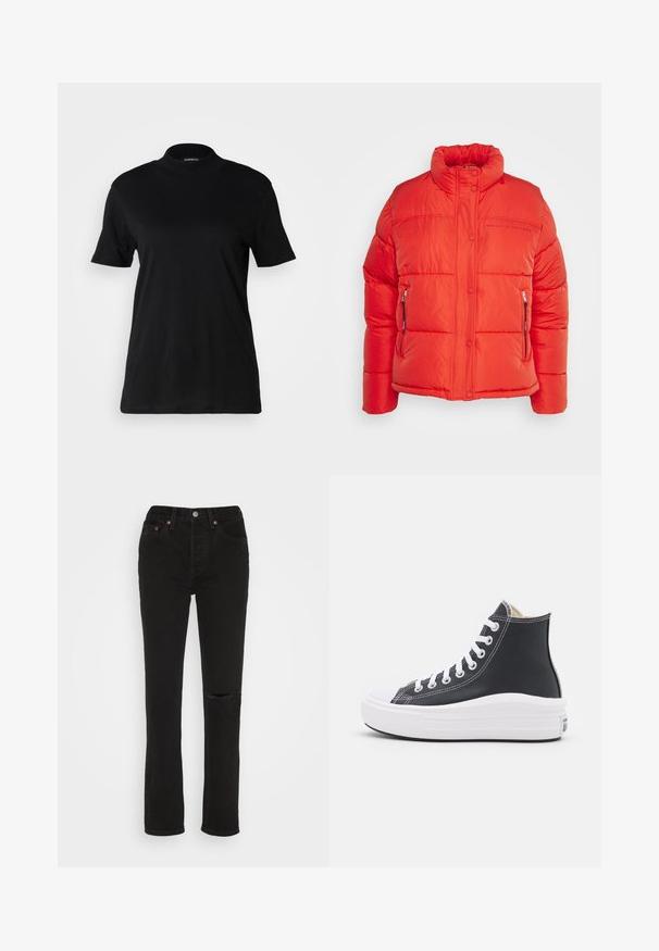 Replay Chaqueta de invierno - red fire; Camiseta negra de manga corta con un cuello alto, hecha de tela de algodón suave. Diseño simple sin patrones ni gráficos visibles.; Jeans de denim negro con un diseño de pierna recta, que cuentan con un detalle de rodilla rasgada, cinco bolsillos y acentos de hardware en color cobre en la cinturilla.; Zapatilla alta negra con cordones blancos y suela de goma. Presenta una textura de cuero suave y detalles de costura blanca.