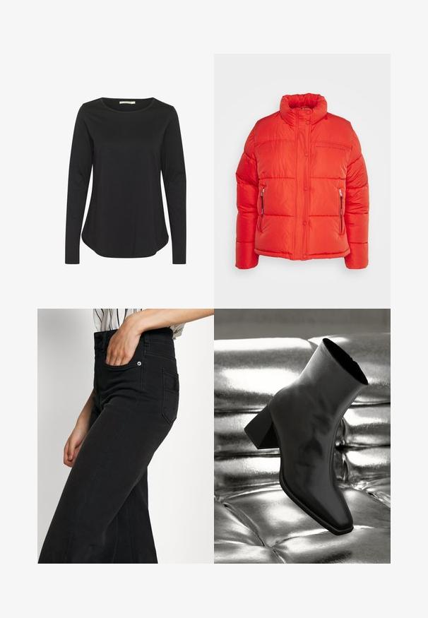 Replay Veste d'hiver - red fire; Chemise à manches longues noire avec un col rond. Fabriquée en tissu doux et lisse; présente une coupe décontractée et un ourlet arrondi.; Jean large en denim noir avec une taille haute, une poche avant et une poche arrière appliquée. Texture lisse avec des détails de coutures minimales.; Botte noire à la cheville en matériau brillant avec un bout carré et un talon effilé, sur un fond argenté brillant et capitonné.