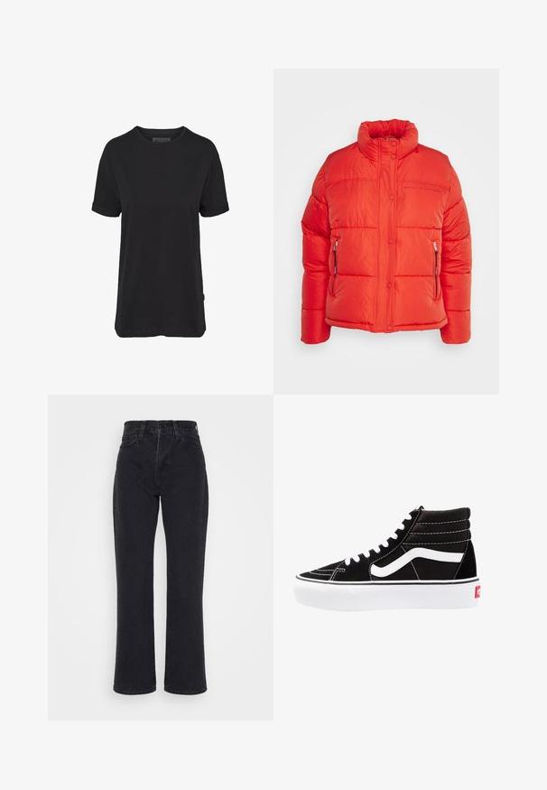 Replay Winterjacke - red fire; Schwarzes Baumwoll-T-Shirt mit kurzen Ärmeln, rundem Halsausschnitt und aufgerollten Bündchen; mit einem dezenten Markenlabel am seitlichen Saum.; Schwarze Jeans mit hoher Taille und geradem Bein, mit Vordertaschen und Gürtelschlaufen auf weißem Hintergrund.; Schwarze High-Top-Sneaker mit weißen Schnürsenkeln, einem weißen Logo und kontrastierendem weißen Nähten. Verfügt über eine dicke weiße Sohle und ein strukturiertes Wildleder-Obermaterial.