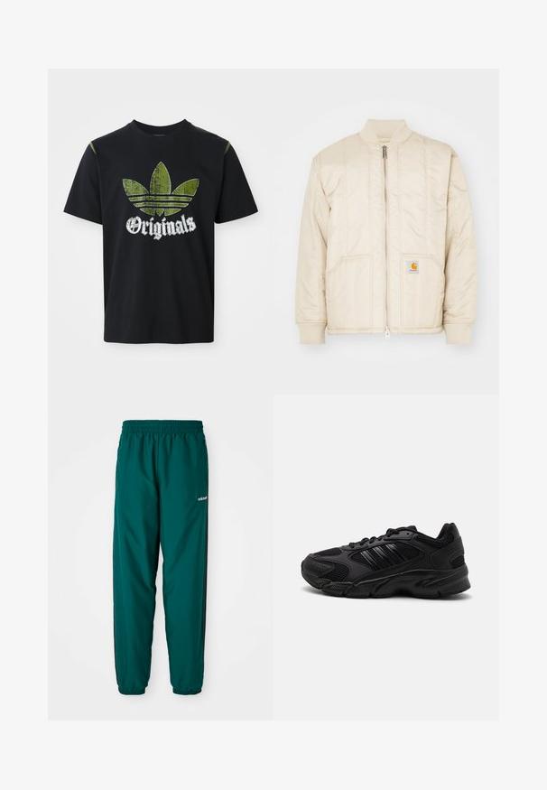 Lys beige bomberjakke med lynlås foran, ribbet krave og manchetter, to lommer og lodrette syninger. Carhartt-logo på lommen.; Sort bomulds T-shirt med et slidt grønt grafik med tre striber og ordet "Originals" nedenfor i hvidt, rund halsudskæring, korte ærmer.; Grønne atletiske bukser lavet af letvægtsstof, med elastisk talje, sidelommer og sorte sidelister. Adidas-logoet er synligt.; Sorte træningssko med en kombination af åndbart mesh og syntetiske materialer. Distinct tekstureret sål og tre sorte striber på siden.