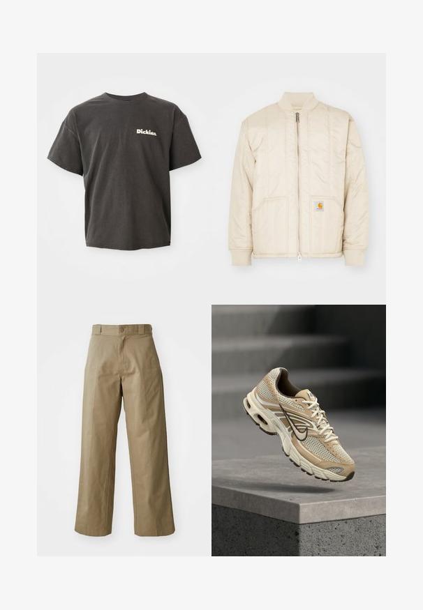 Lichtbeige bomberjack met een ritssluiting aan de voorkant, ribbelkraag en -manchetten, twee zakken en verticale stikpatronen. Carhartt-logo op de zak.; Donkergrijze t-shirt met korte mouwen en het logo "Dickies." in het wit op de linkerkant van de borst, ronde hals en een relaxed fit.; Khaki wijde broek van katoenmixstof, met een enkele knoopsluiting en zichtbare zijzakken. Soepele textuur, kreukdetail.; Beige en witte Nike hardloopschoen met mesh panelen en zwarte Swoosh, zwevend boven een betonnen richel met wazige trappen op de achtergrond.