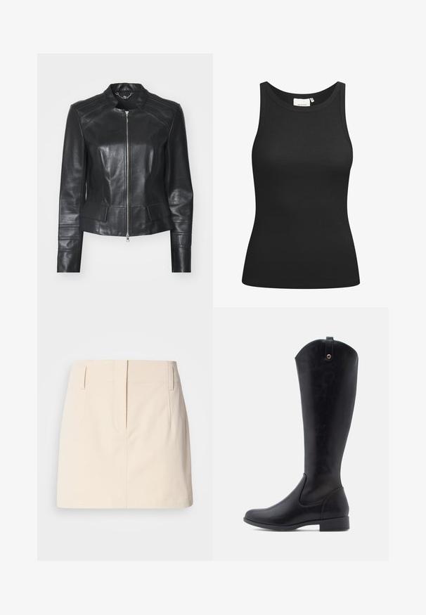 Marc Cain Leren jas - black; Zwarte tanktop van ribstof, met een ronde hals en een aansluitende pasvorm. Platte naden en zonder versieringen. Eenvoudig en strak ontwerp.; Calvin Klein Jeans SKIRT - A-lijn rok - fog; Kniehoge zwarte leren laarzen met een gladde textuur, ronde neus, lage blokhak en een gebogen bovenrand met een lusdetail aan de achterkant.