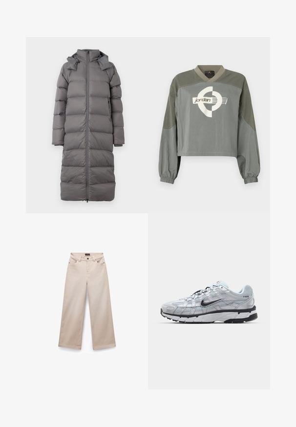 Donkergrijze puffercoat met een lange lengte, gequilt ontwerp, hoge kraag, ritssluiting en zijzakken. Zacht, geïsoleerd materiaal.; Langermige cropped pullover met elastische manchetten, gedempte groen-grijze kleurvlakken en witte Jordan-logo in het midden van de borst.; Beige wijde broek van katoen met een gladde textuur. Beschikt over vijf zakken, riemlussen en zilverkleurige hardware aan de voorkant.; Nike P-6000 sneakers met een lichtgrijze mesh bovenkant, zwarte accenten en een duurzame zwarte rubberen zool. Kenmerkt zich door een ingewikkeld ontwerp en vetersysteem.