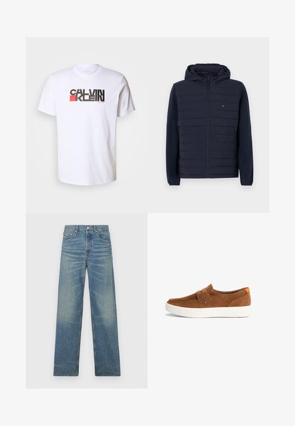 Donkerblauwe gewatteerde jas met capuchon, ritssluiting, zijzakken, elastische manchetten en een klein Tommy Hilfiger-logo op de borst.; Calvin Klein Jeans REDBOX GRAPHIC TEE - T-shirt print - brilliant white; Blauwe straight-leg jeans met een vervaagde wassing, lichte verfspetters, een voorknop en een vijfzakkenontwerp op een witte achtergrond.; Bruine suède instapschoen met witte rubberen zool, stikdetails en een oranje trekbandje aan de hiel.