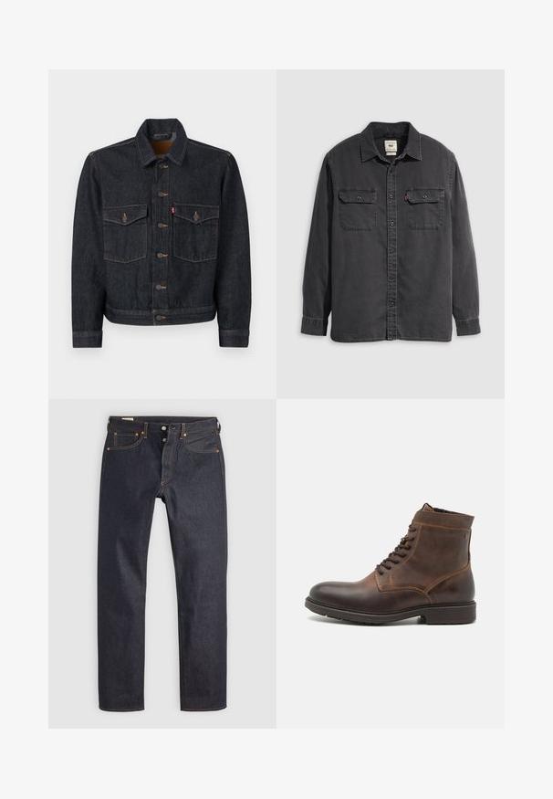 Dunkelblaue Jeansjacke mit durchgehender Knopfleiste, zwei Brusttaschen und Kragen. Verfügt über kontrastierende Nähte und Metallknöpfe.; Schwarzes Langarmhemd mit durchgeknöpftem Vorderteil, Kragen und zwei Brusttaschen. Hergestellt aus Baumwolle mit weicher Textur und entspanntem Schnitt.; Dunkelblaue Jeans aus Denim mit geradem Bein, versehen mit orangefarbener Naht und klassischem Five-Pocket-Design. Verschluss mit Knopf und Reißverschluss.; Jack & Jones JFWDELANEY BOOT - Schnürstiefelette - cognac