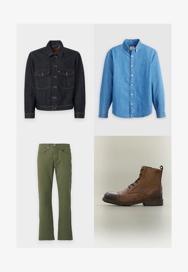 Dunkelblaue Jeansjacke mit durchgehender Knopfleiste, zwei Brusttaschen und Kragen. Verfügt über kontrastierende Nähte und Metallknöpfe.; Hellblaues Jeanshemd mit langen Ärmeln, button-down Kragen und weißen Knöpfen. Verfügt über ein kleines besticktes Logo auf der Brust.; Olivgrüne Schlagjeans aus Baumwolle mit glatter Textur; verfügen über fünf Taschen, einen Knopfverschluss und dezente Stickdetails.; Brauner Leder-Schnürstiefel bis zum Knöchel mit schwarzer Zehenkappe, runder Sohle und Markenlabel an der Seite vor schlichtem Hintergrund.