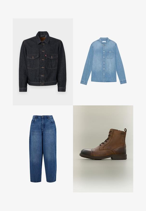 Mørk denimjakke med knaplukning foran, to brystlommer og krave. Har kontrasterende syninger og metalknapper.; Lys blå denim skjorte med knapper, lange ærmer, spids krave, en enkelt brystlomme og subtil falmning på stoffet.; Højtaljede straight-leg jeans i mellemblå denim. Har fem-lomme design, metalknap lukning og dobbelt-stitchet kant.; Brun læderstøvle med snørebånd, sort tåhætte, rund sål og mærket detalje på siden mod ensfarvet baggrund.