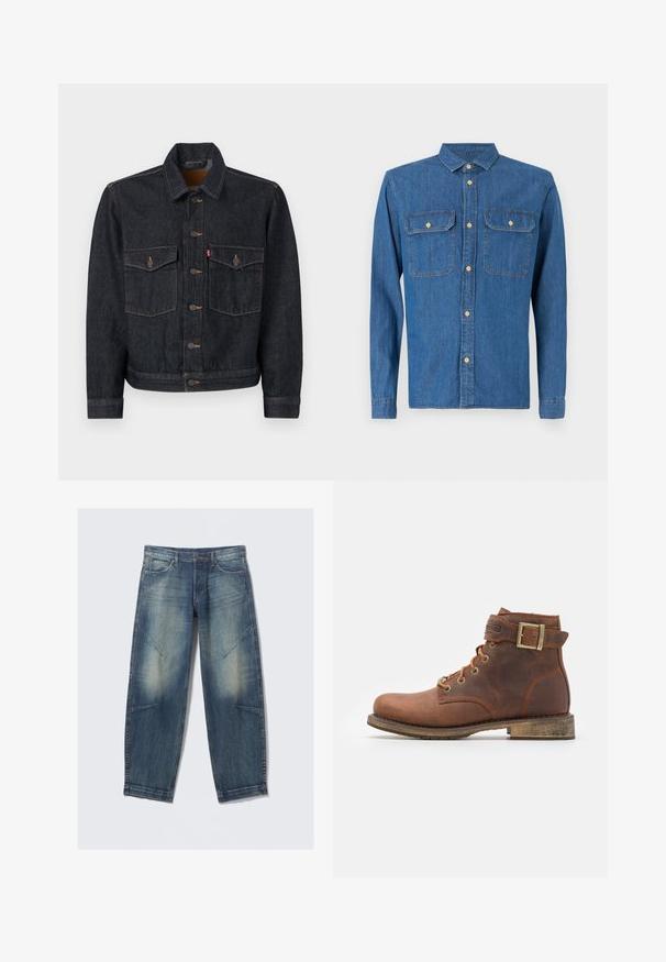 Dunkelblaue Jeansjacke mit durchgehender Knopfleiste, zwei Brusttaschen und Kragen. Verfügt über kontrastierende Nähte und Metallknöpfe.; Dunkelblaue Jeanshemd mit langen Ärmeln und geknöpften Manschetten, spitzem Kragen, zwei Brusttaschen und vorderem Knopfverschluss mit goldenen Beschlägen.; Hellblaue Jeans aus Denim mit lockerem Schnitt, verwaschenen Stellen, Fronttaschen und diagonalen Nahtakzenten. Gerader Beinverlauf.; Harley Davidson VNTGMOTO SHORT RIDING APPROVED - Cowboy-/Bikerstiefelette - brown