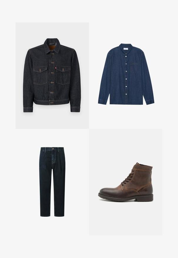 Tumman denim-takki, jossa on nappikiinnitys edessä, kaksi rintataskua ja kauluskäänteet. Sisältää kontrastiväriset ompeleet ja metallinapit.; Tummansininen farkkupaita, jossa on pitkät hihat, painonappikiinnitys, kaulus, ja rintatasku. Sisältää hopeisia nappikoristeita.; Tummansiniset farkut, joissa on rento malli, korkea vyötärö, laskokset, etupainike ja kultaiset kontrastitikkaukset.; Jack & Jones JFWDELANEY BOOT - Nauhalliset nilkkurit - cognac
