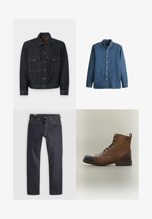 Dunkelblaue Jeansjacke mit durchgehender Knopfleiste, zwei Brusttaschen und Kragen. Verfügt über kontrastierende Nähte und Metallknöpfe.; Denim-Hemd in Mittelblau, mit langen Ärmeln, spitzem Kragen, weißen Knöpfen und einer taillierten Passform sowie dezentem Logostick.; Dunkelblaue Jeans aus Denim mit geradem Bein, versehen mit orangefarbener Naht und klassischem Five-Pocket-Design. Verschluss mit Knopf und Reißverschluss.; Brauner Leder-Schnürstiefel bis zum Knöchel mit schwarzer Zehenkappe, runder Sohle und Markenlabel an der Seite vor schlichtem Hintergrund.